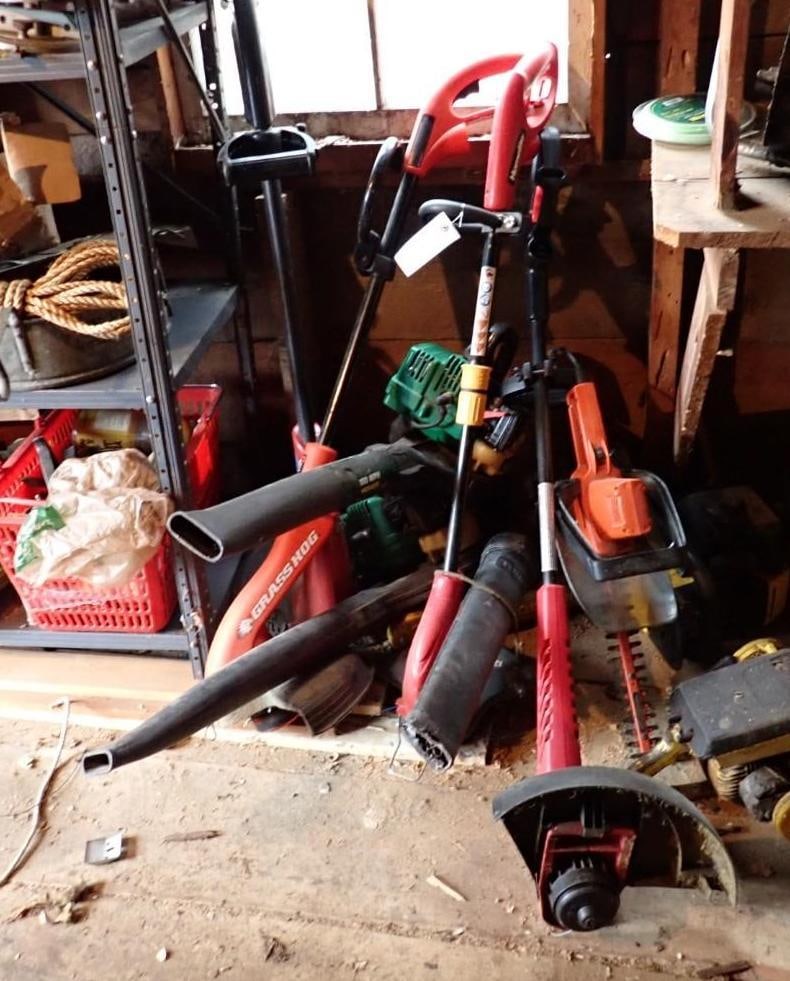 Electric String Trimmers & Gas Blowers: **as found**, Location: House Addition 