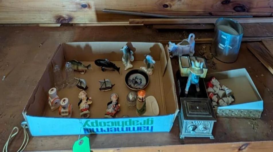 Vintage Salt & Peppers Shakers & Decoratives: incl. Vintage Steel Coin Bank; most are painted, Japan-make 