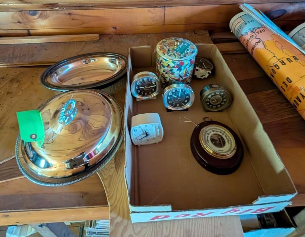 Vintage Alarm Clocks, & Asst. Silver Plate: Vintage Alarm Clocks, & Asst. Silver Plate 