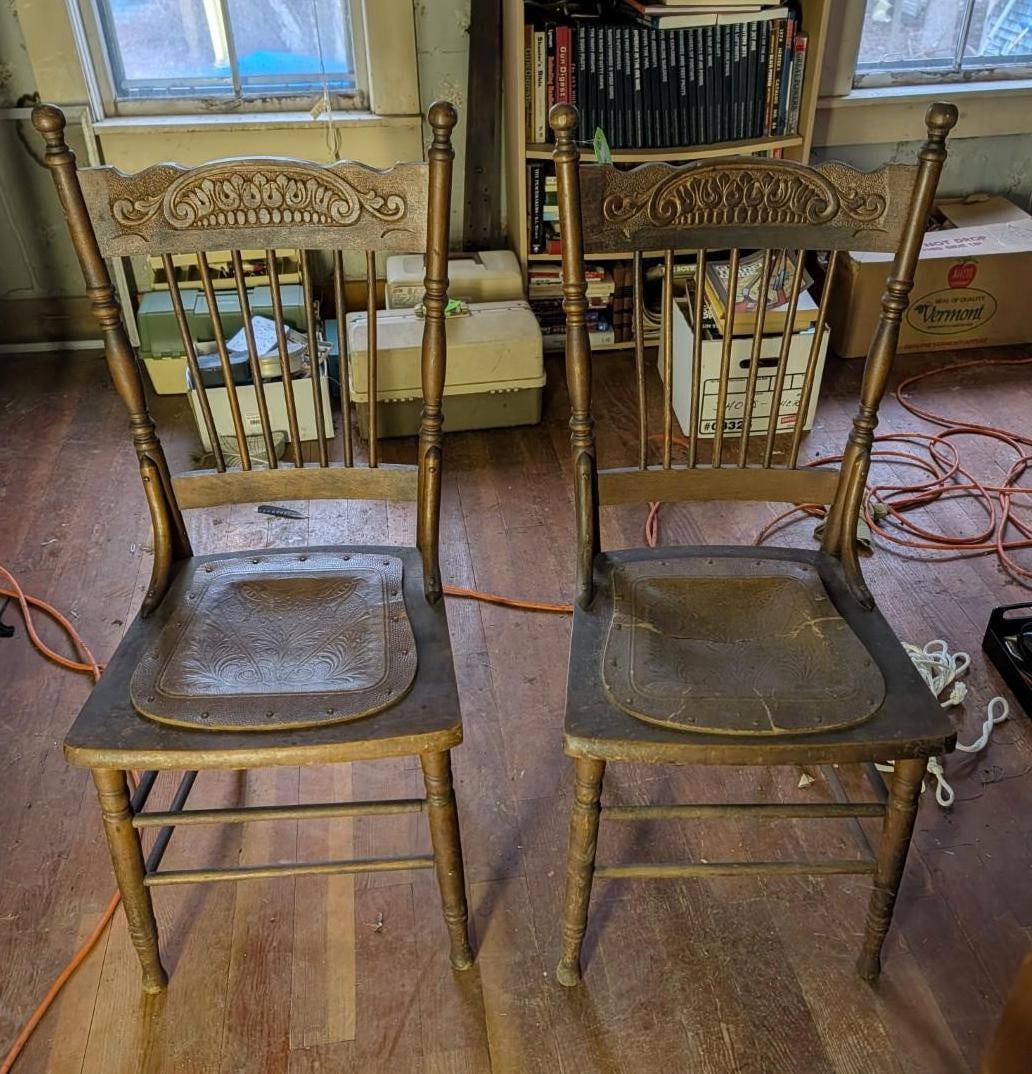 (2) Oak Pressed Back Chairs: w/ replaced seats; 40" t, 17" w, 15" d 