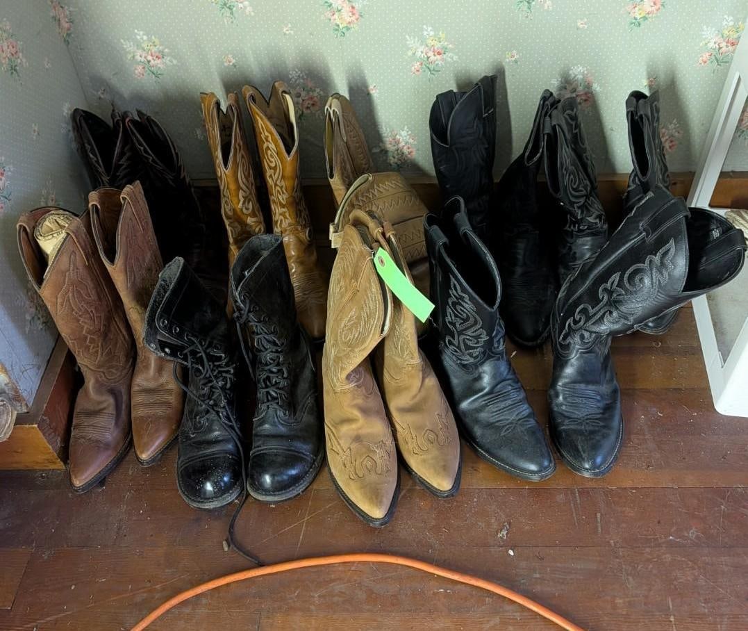 (8) Pairs Cowboy Boots, (1) Pair Military Boots (1 of 9)