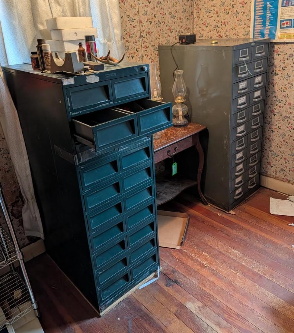 (2) 10 & 11-Drawer Steel Cabinets: 10-drawer is 18" x 28" x 52"; 11-drawer: 19" x 28" x 52"