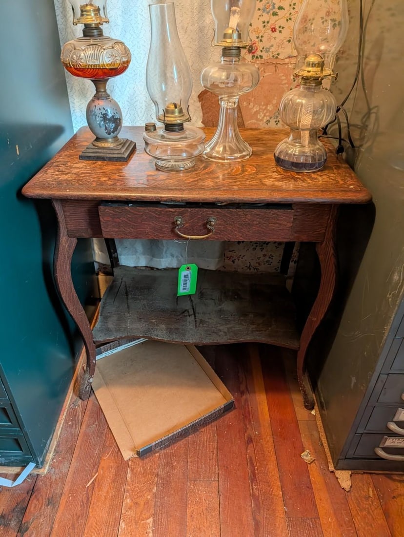 1-Drawer Oak Stand w/ (4) Antique Oil Lamps (1 of 1)