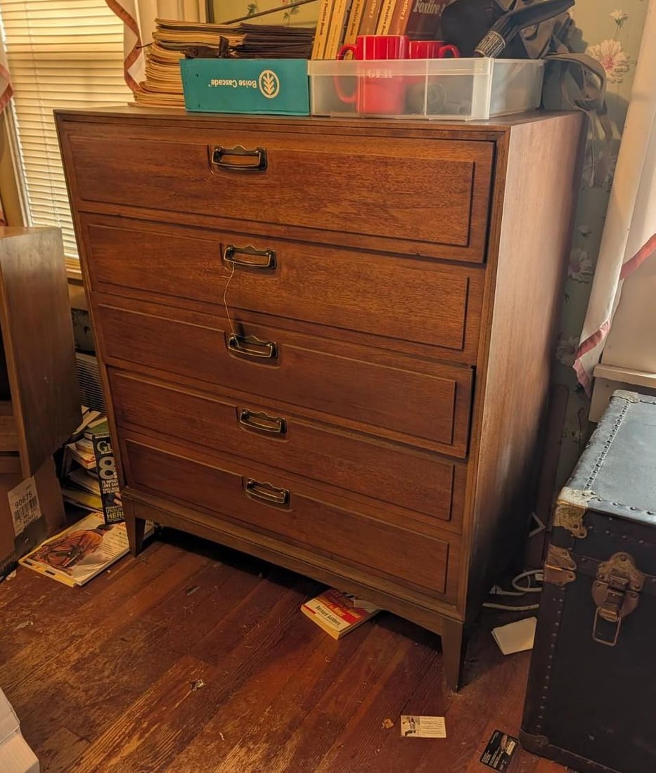 (4) Pc. Lane Bedroom Set: incl. 6-drawer mirror back dresser: 59" x 18" x 69" (in two pieces); 5-drawer dresser: 38" x 18" x 44"; 1-drawer nightstand (stain on top): 22" x 16" 22"; headboard is 60" x 40" 