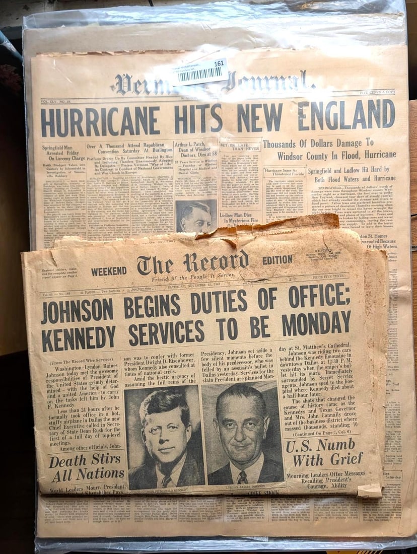 (2) Antique Newspapers: (1) "The Record - Kennedy Assination"; (1) "Vermont Journal - 1938 Hurricane" 