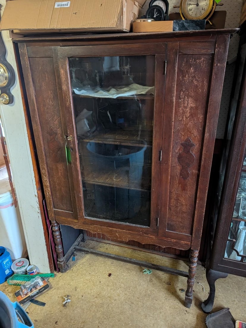 4-Tier Glass Front China Cabinet: 39.5" x 17" x 60"; needs refinishing