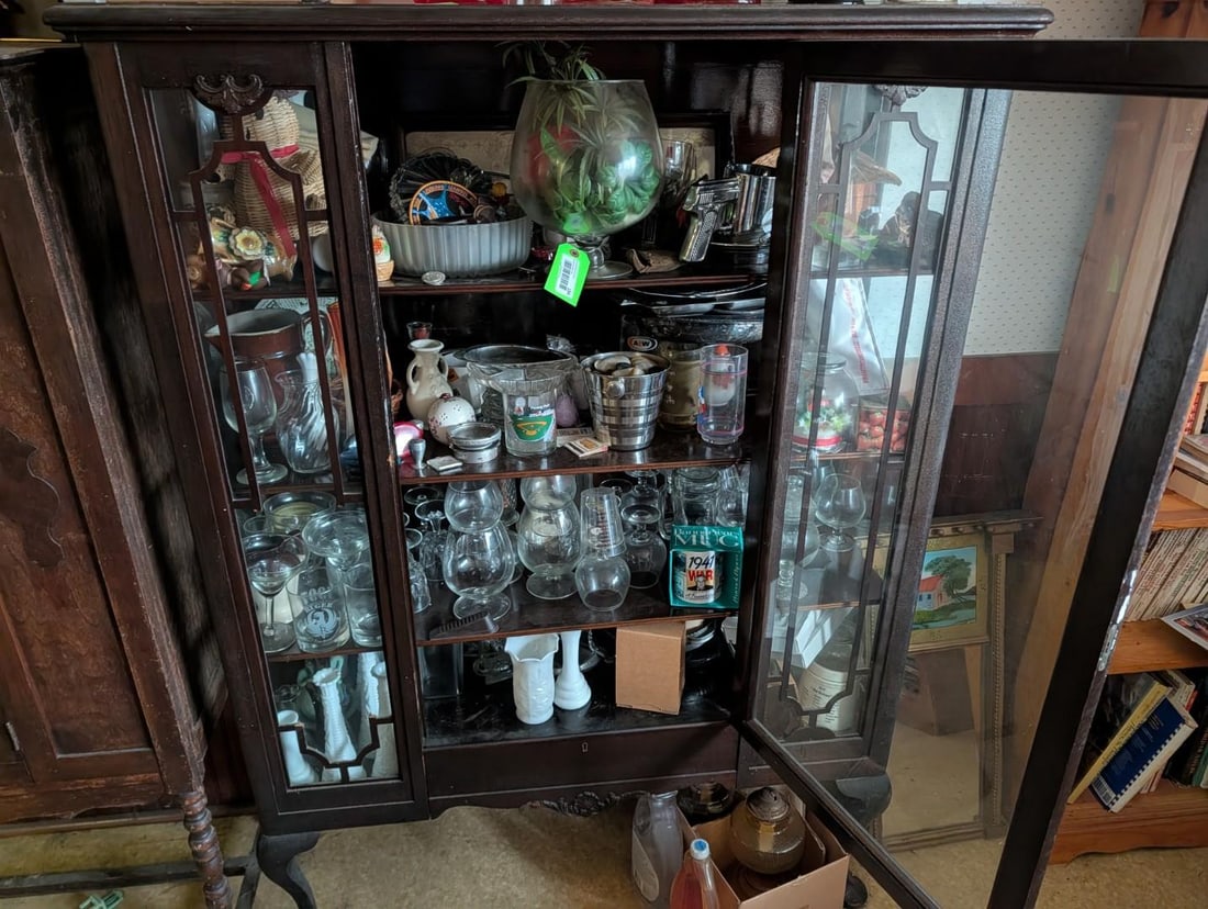 Contents of China Cabinets: Decoratives, Collectibles & More, incl. Ruger; milk glass; advertising 