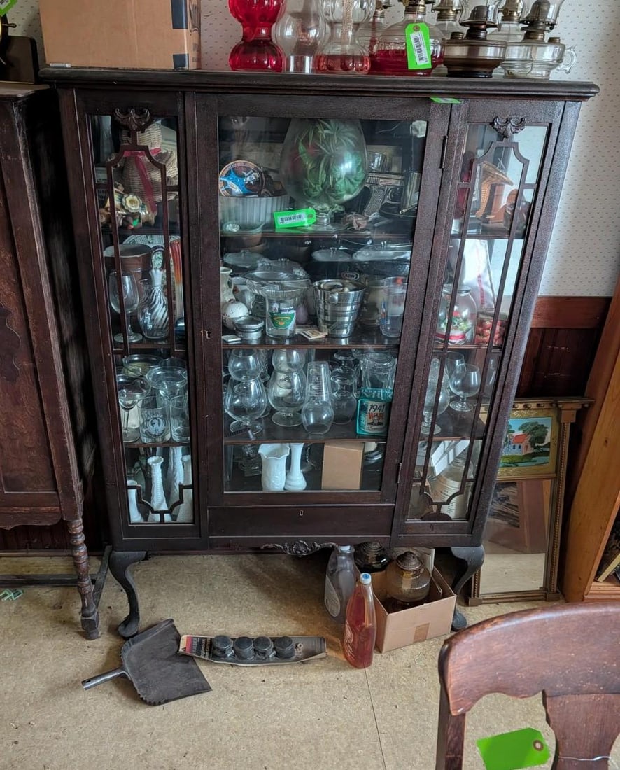4-Tier Glass Front China Cabinet: 44" x 16" x 62"; needs refinishing 