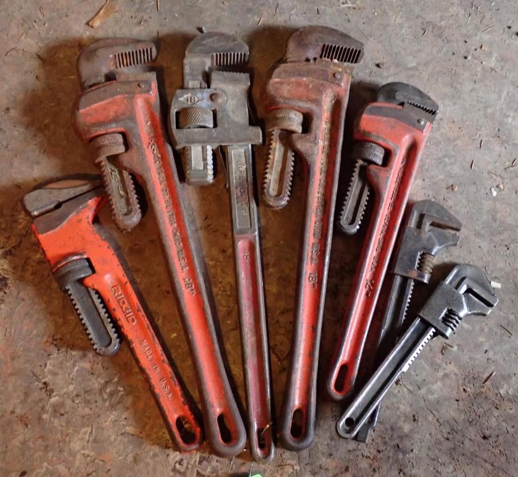 (7) Asst. Pipe Wrenches: longest is 18"; incl. RIDGID 