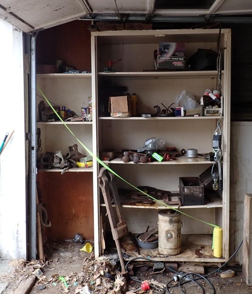 Contents of Shelves: Incl. Axe Heads, Splitting Wedges, Threading Tools, Etc 