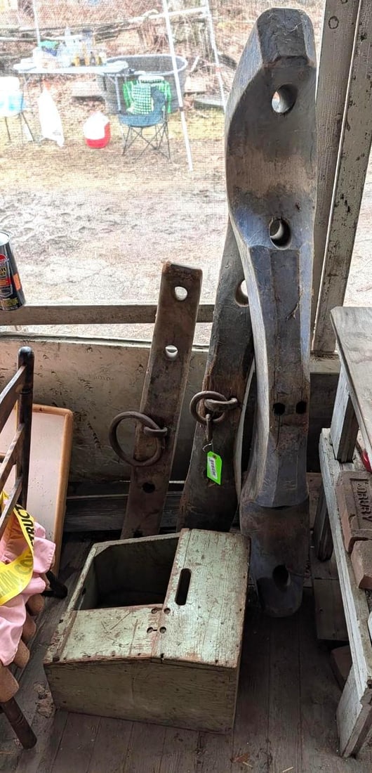 (3) Ox Yokes & (1) Farriers Box: largest is 60", Location: Porch