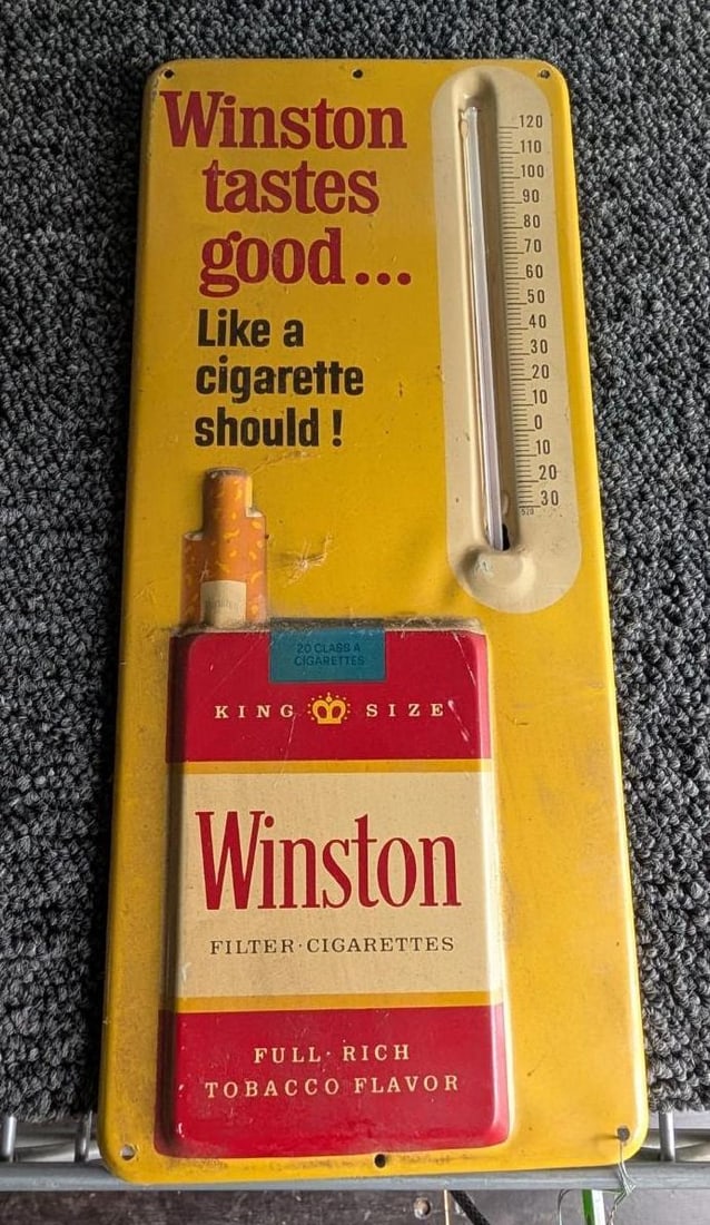 Antique "Winston" Tin Advertising Thermometer: 6" x 13.5" 