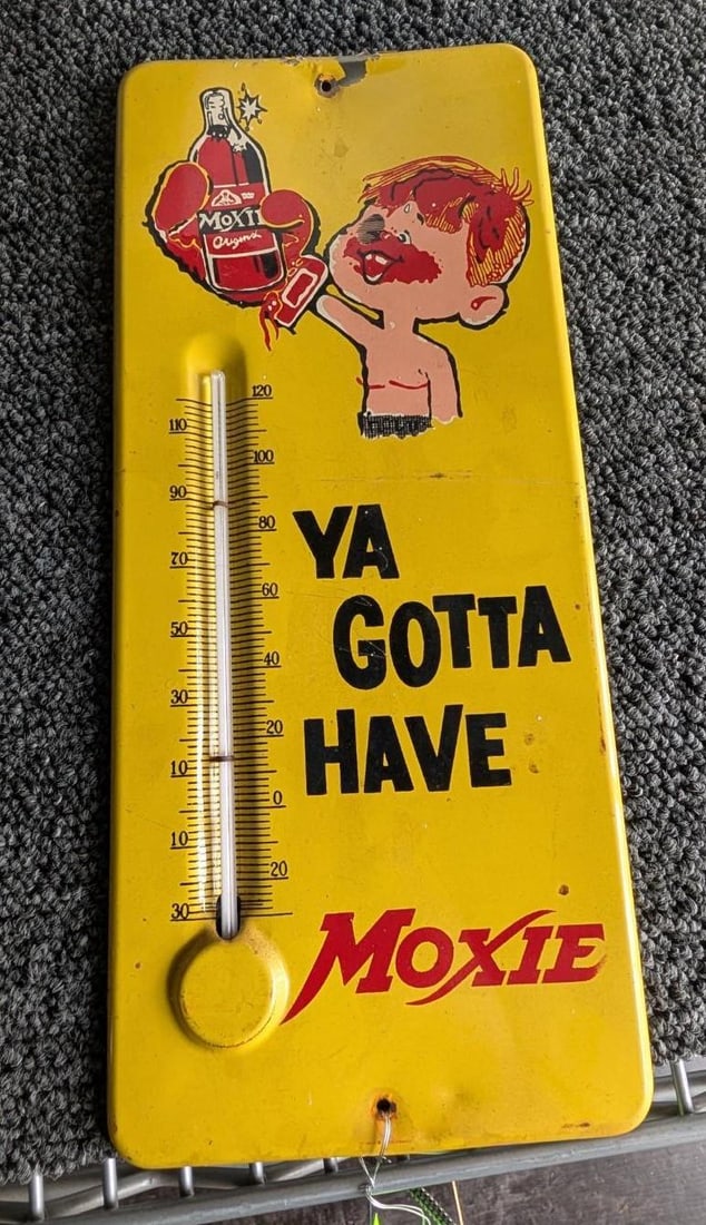 Antique "Moxie" Tin Advertising Thermometer: 6" x 13.5" 