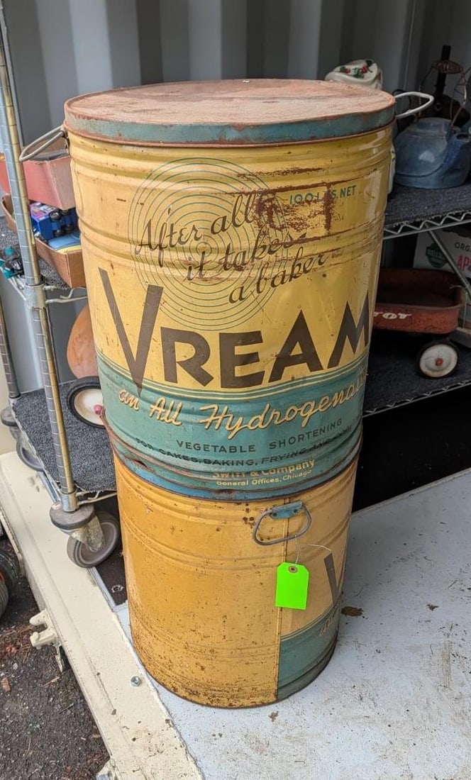 (2) Antique Vream Shortening Cans: 16" dia x 19" 
