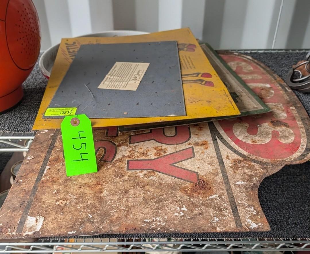 (7) Vintage Tin Advertising Signs: largest is 30"l 