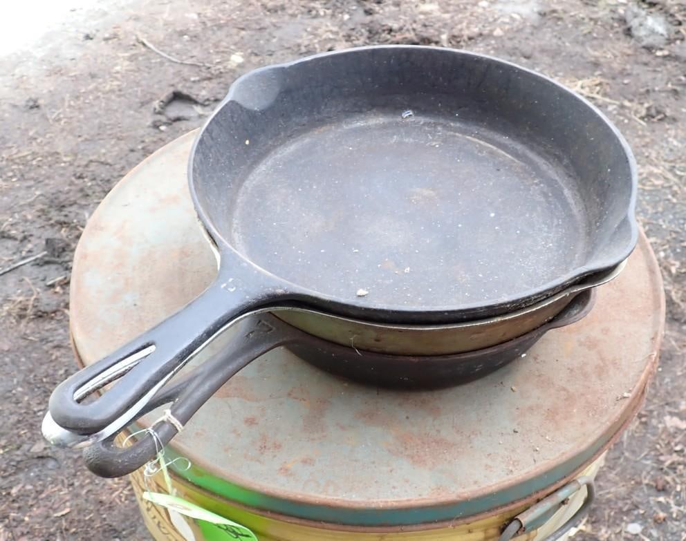 (3) Cast Iron Skillets: (2) Griswold #8; (1) 10" 