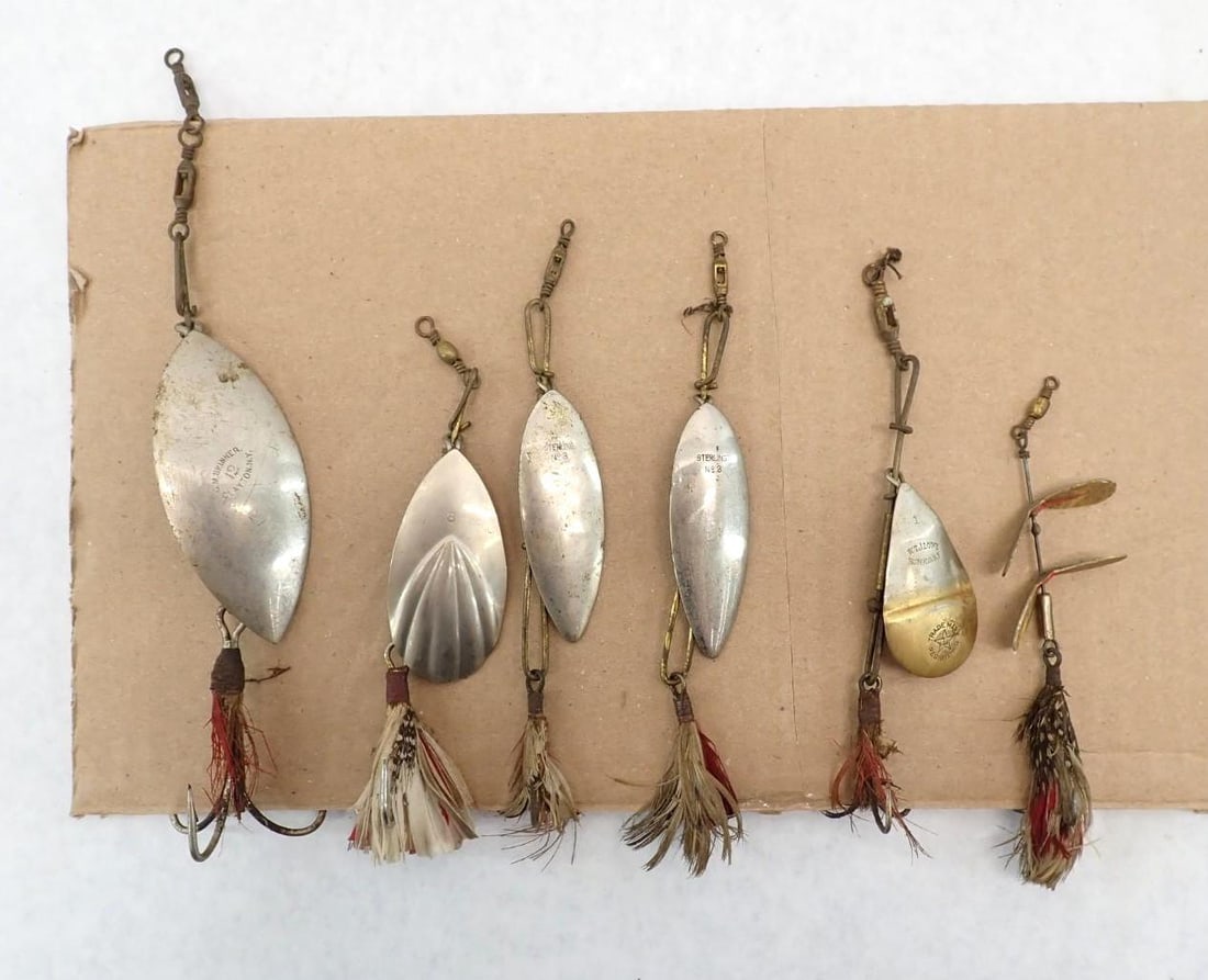 (6) Vintage Silver Spoon Fishing Lures: G.M. Skinner #12, (2) Sterling No. 3, W.T.J. Lowe #1, Etc