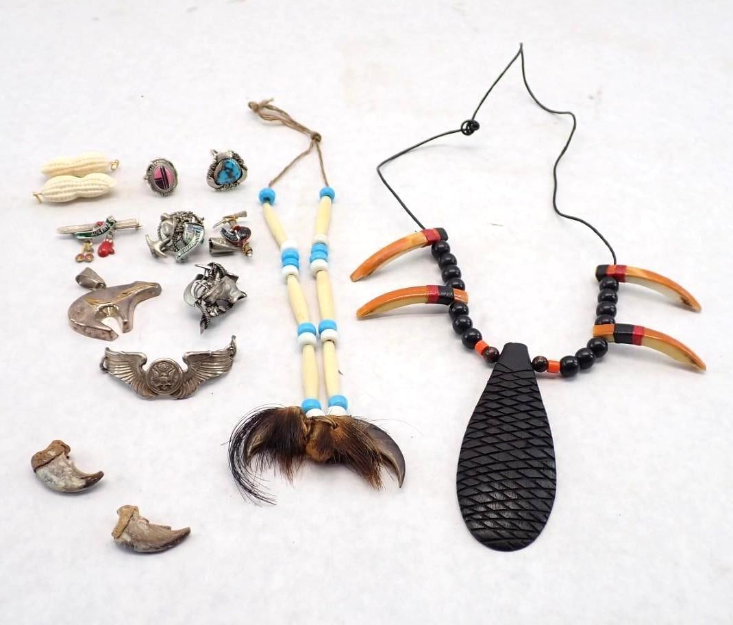 Native American, Military & Continental Pins: Includes several Sterling Pcs, Native American pcs w/ Bear Claws