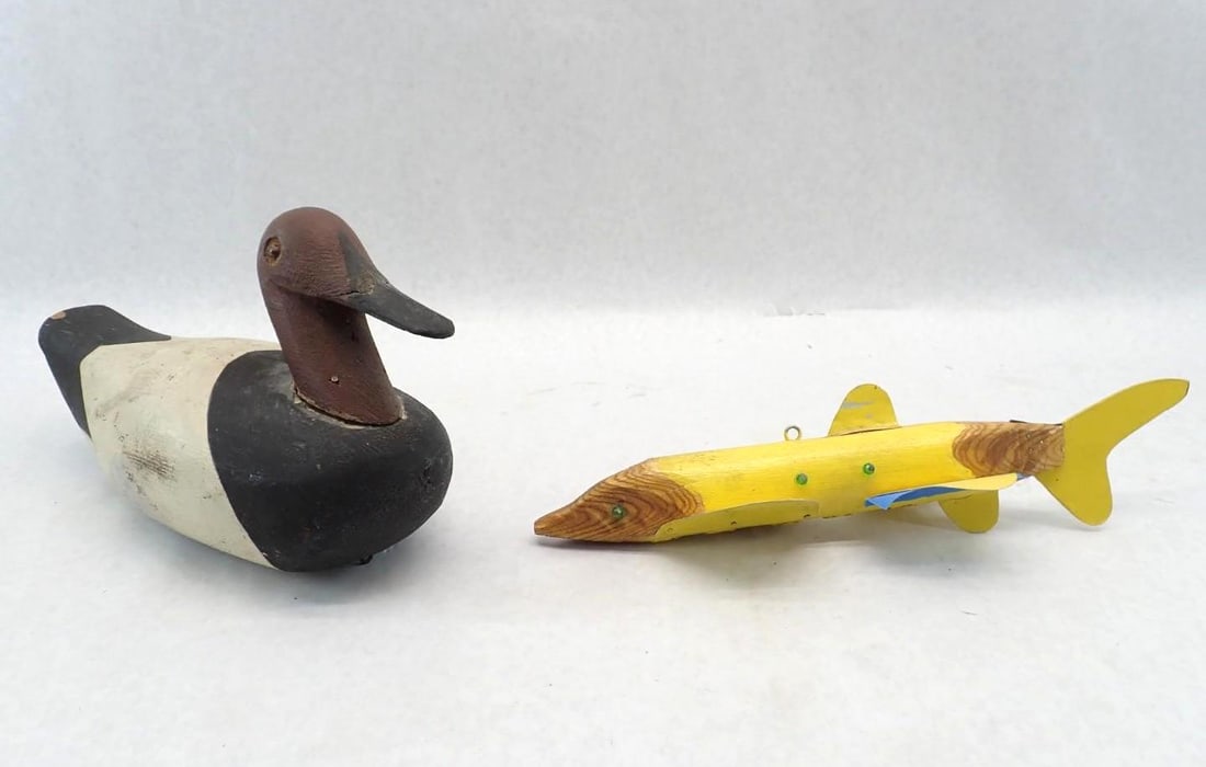 Wood Decoys: Ice Fishing Lure, 15" x 6": Canvasback Duck Decoy, 12 1/2" x 5" x 8" Tall, shows wear, lead weight