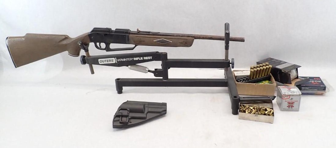Shooters Lot: Incl. Ammo, Outers Rifle Rest, Daisy BB Gun, Scope Lens Covers, (23+/-) .410 Shotgun Loads, (200+/-) .22LR Cartridges, (13+/-) .30-06 Spr. Cartridges, Etc
