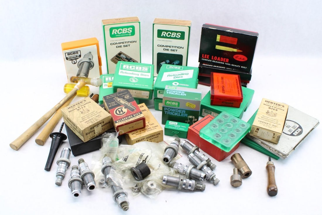 Reloaders Lot: Including Asst Reloading Dies, .257 Roberts, 43 Spanish, M1 Carbine, .222 Rem. , .30-06, .243 Win., .222 Comp., .270 Comp. Set., .222 Rem., 30-30 Win., 7x57 Mauser, .32-20, Lube Pads, .7. Jap., 303