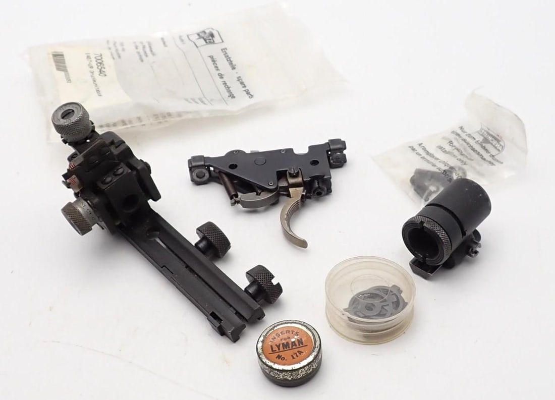 Anschutz Rifle Parts: incl.: diopter rear sight, globe front sight with inserts, 1400 series trigger