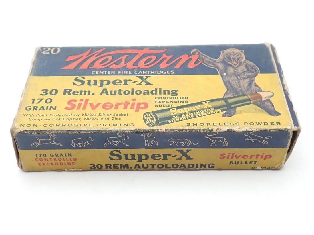 Vintage Western .30 Remington Auto Cartridge Box: with some brass