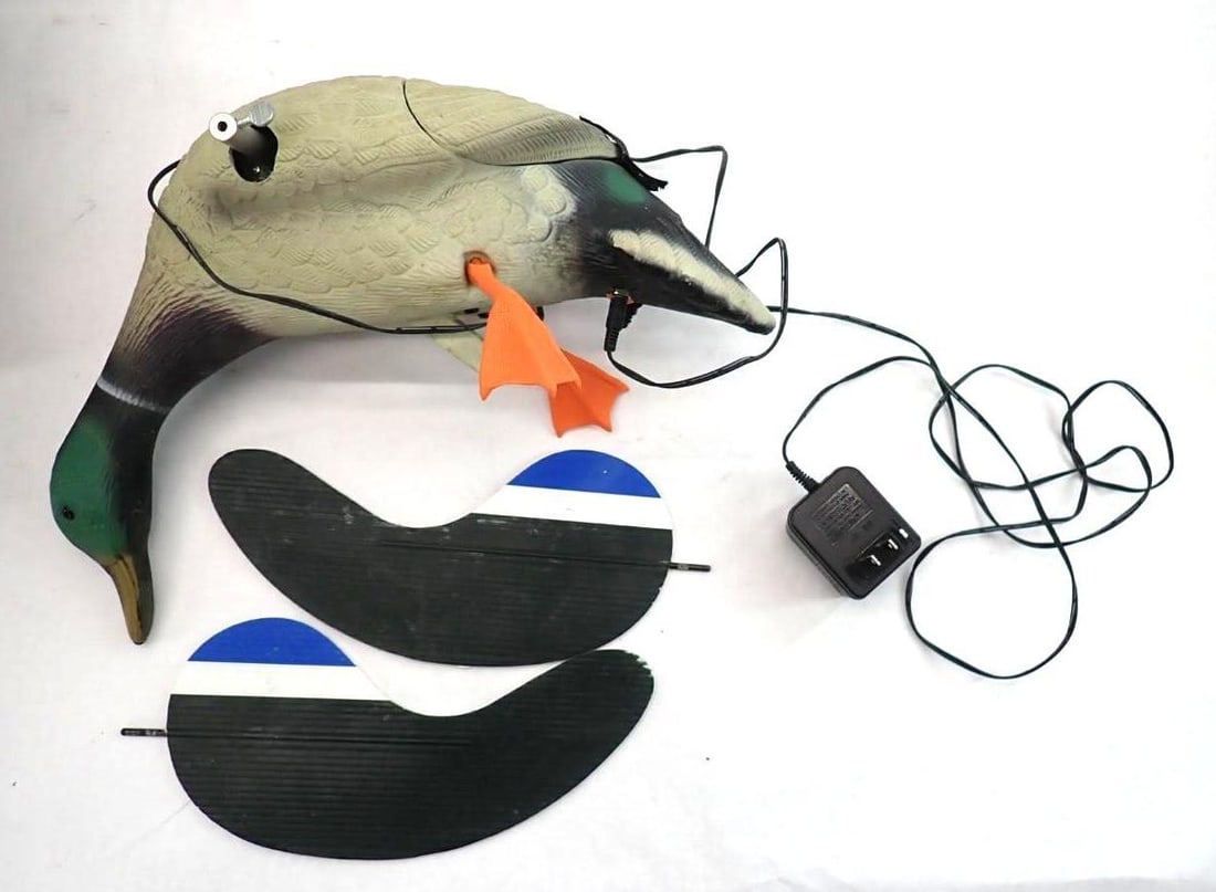 (2) Mojo Outdoors Motorized Duck Decoys: (1) King Mallard in box, (1) Baby Mojo Mallard in plastic tackle box