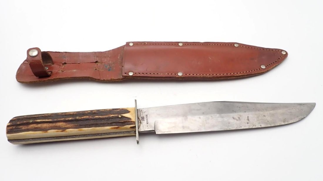 Vintage Solingen Bowie Knife: stag grips, 13" overall, with leather sheath