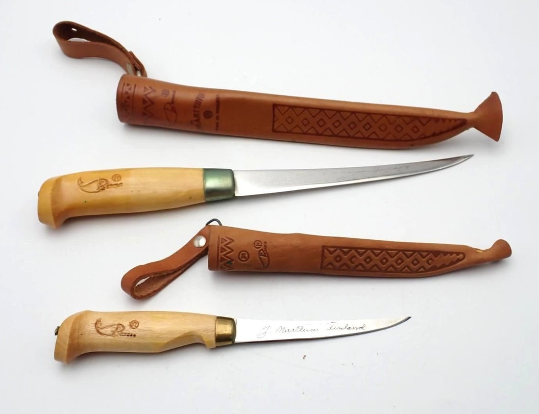 (2) Marttiini Fishing Knives: 8" & 11" overall length, Finland, with leather sheaths (small sheath cut in the back)