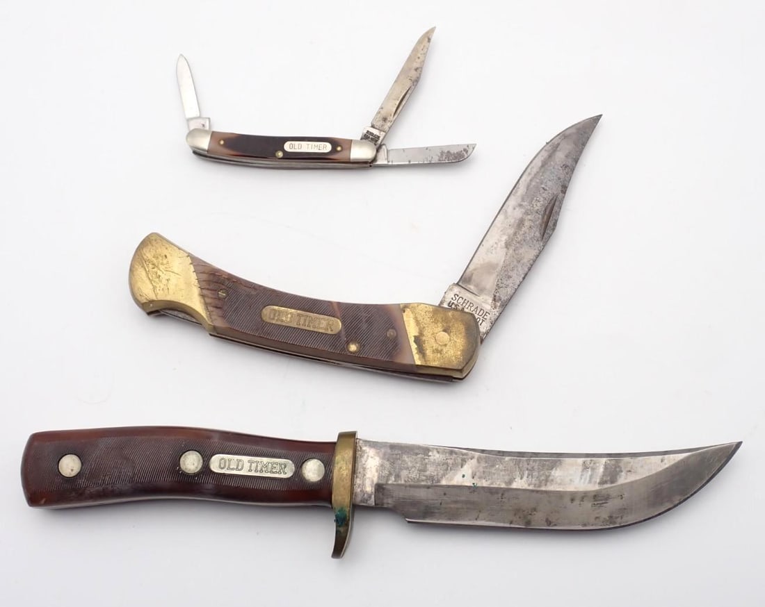 (3) Vintage Schrade "Old Timer" Knives: fixed blade, 9.625" overall length & (2) folding, 8.625" & 4.875" overall lengths