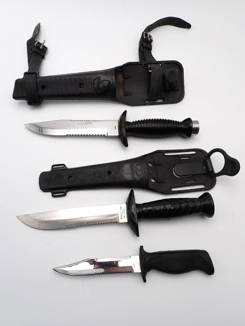 (3) Vintage Japan Diver's Knives: Aqua-Lung, 10.75" overall length & Eternal, 11" overall length, both with plastic sheaths & Dacor, 8.25" overall length