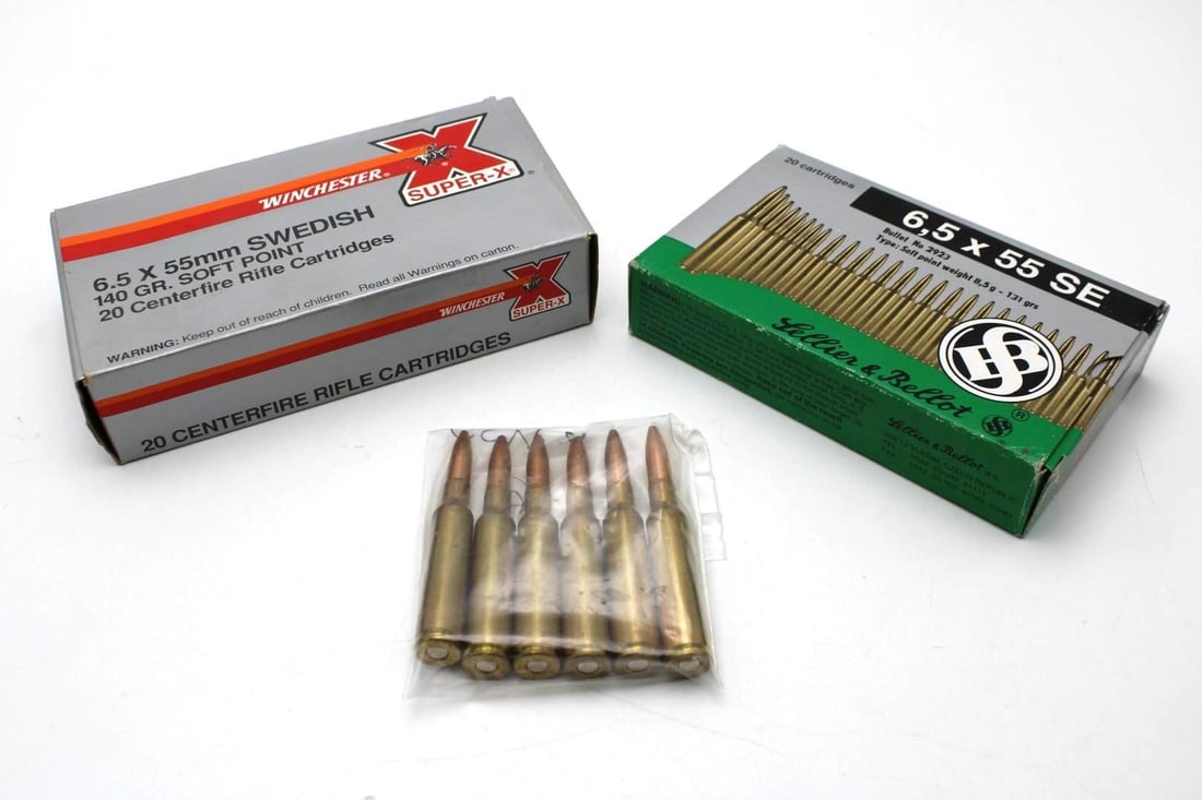 (46) 6.5x55 Swedish Cartridges: (1) Box Winchester, (1) Box Sellier & Bellot, (6) loose RP