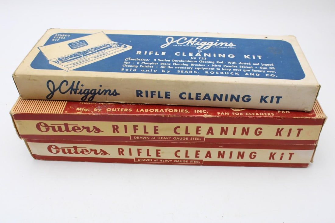 (3) Minty Vintage Rifle Cleaning Kits: J.C. Higgins .22, Outers .22 & .30