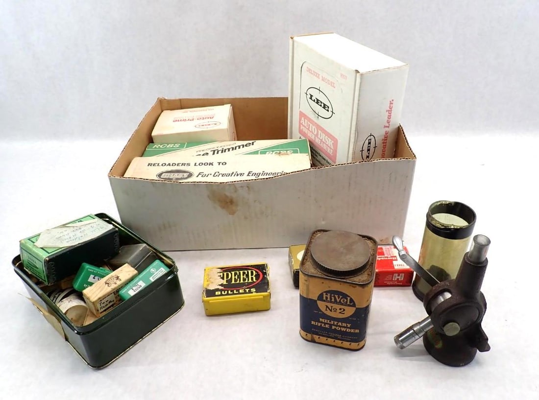 Reloading Equipment & Supplies: incl.: Lee Auto-Disc Powder Measure, RCBS Case Trimmer, Ohaus 10.10 Reloading Scale, HiVel No. 2 Military Rifle Powder, Assorted Case Holders, Redding Powder Measure, More...