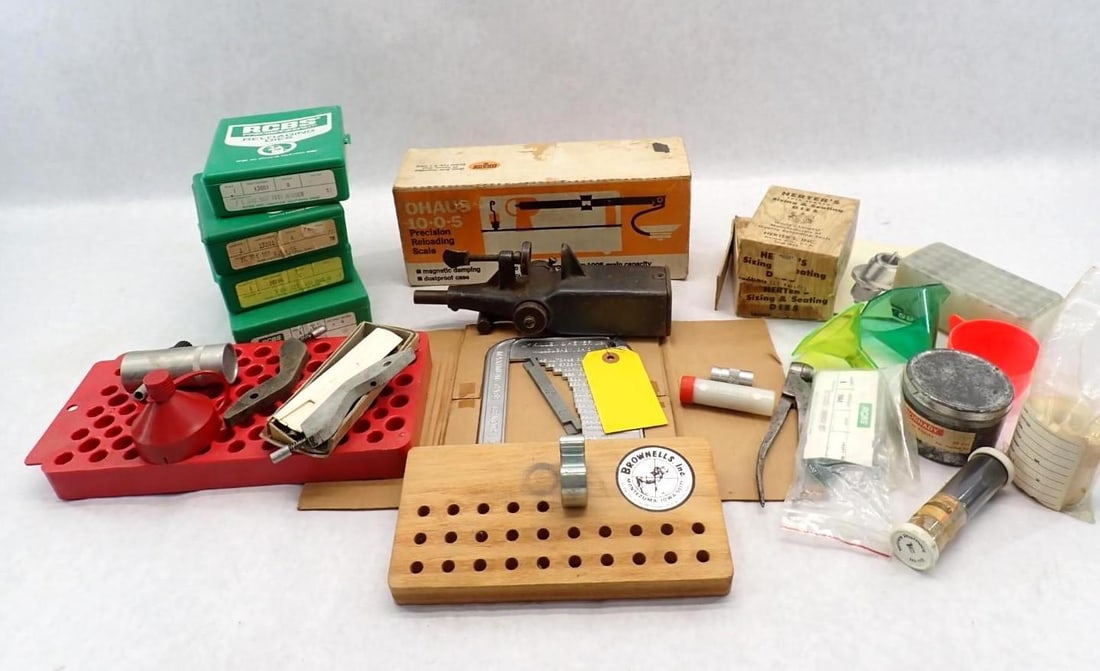 Reloading Equipment & Supplies: incl.: .257 Roberts Dies, .22 Hornet Dies, 6.5 x 55 Dies, .444 Marlin Dies, 7 x 57 Mauser Dies, 7mm Rem. Mag. Dies, Ohaus Reloading Scale, Powder Measure, More...