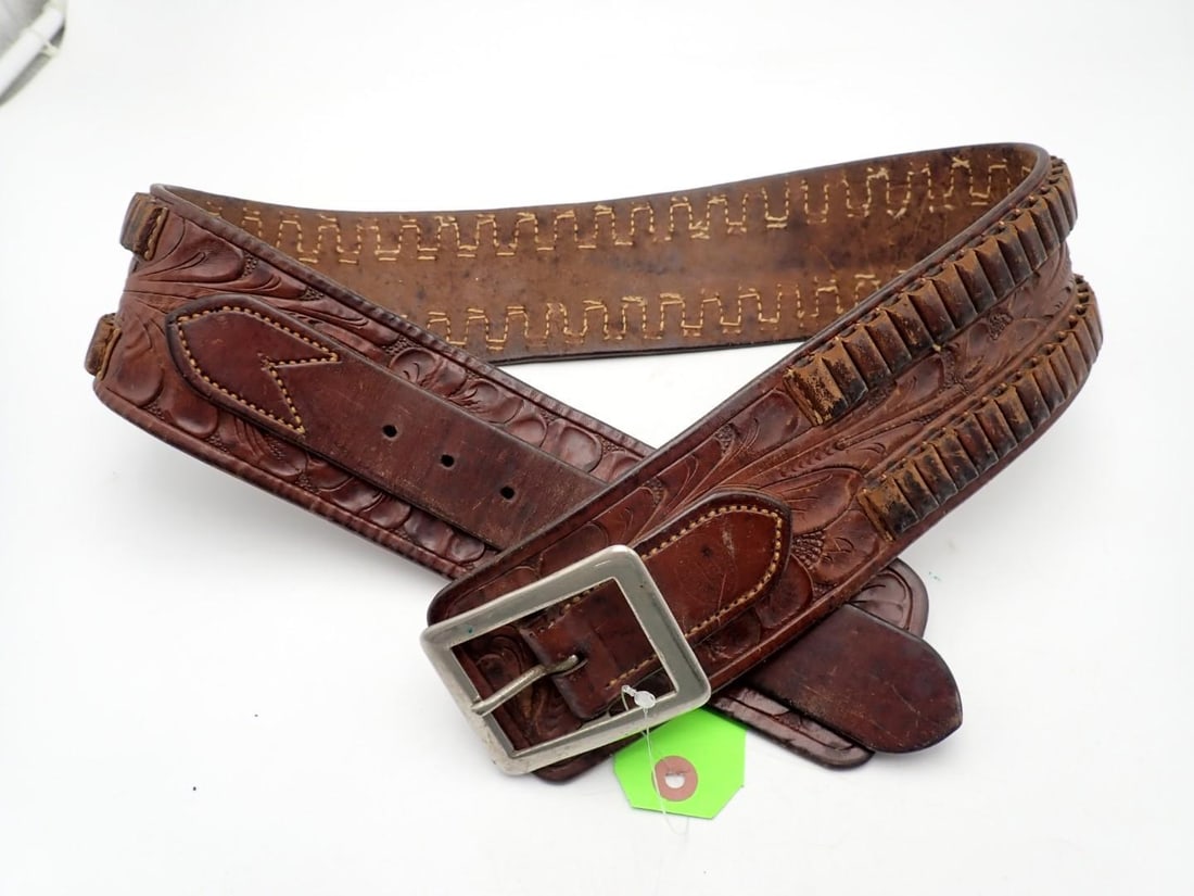 H.H. Heiser Tooled Leather Double Row .22 Cartridge Belt: 32" - 37"