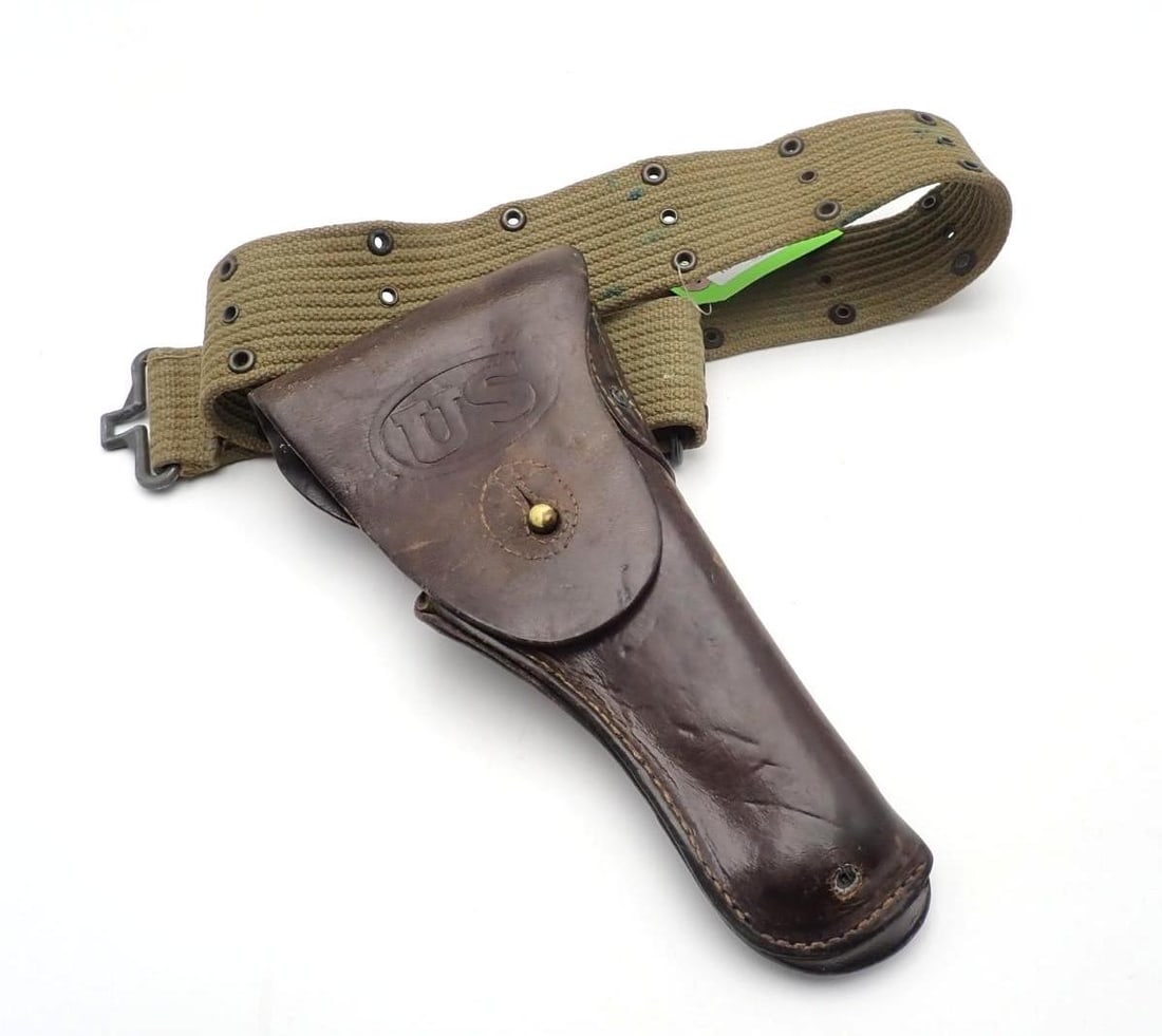 Vintage U.S. Leather Pistol Holster & Belt: holster marked Brauer / -44-