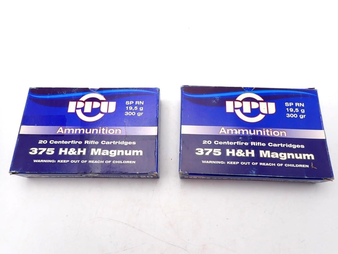 (2) Boxes of PPU .375 H&H Magnum Cartridges: (2) Boxes of PPU .375 H&H Magnum Cartridges
