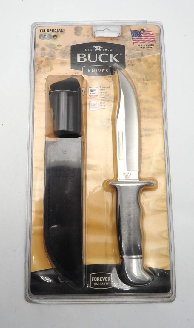 Buck 119 Special Fixed Blade Knife: with leather sheath, new in packaging