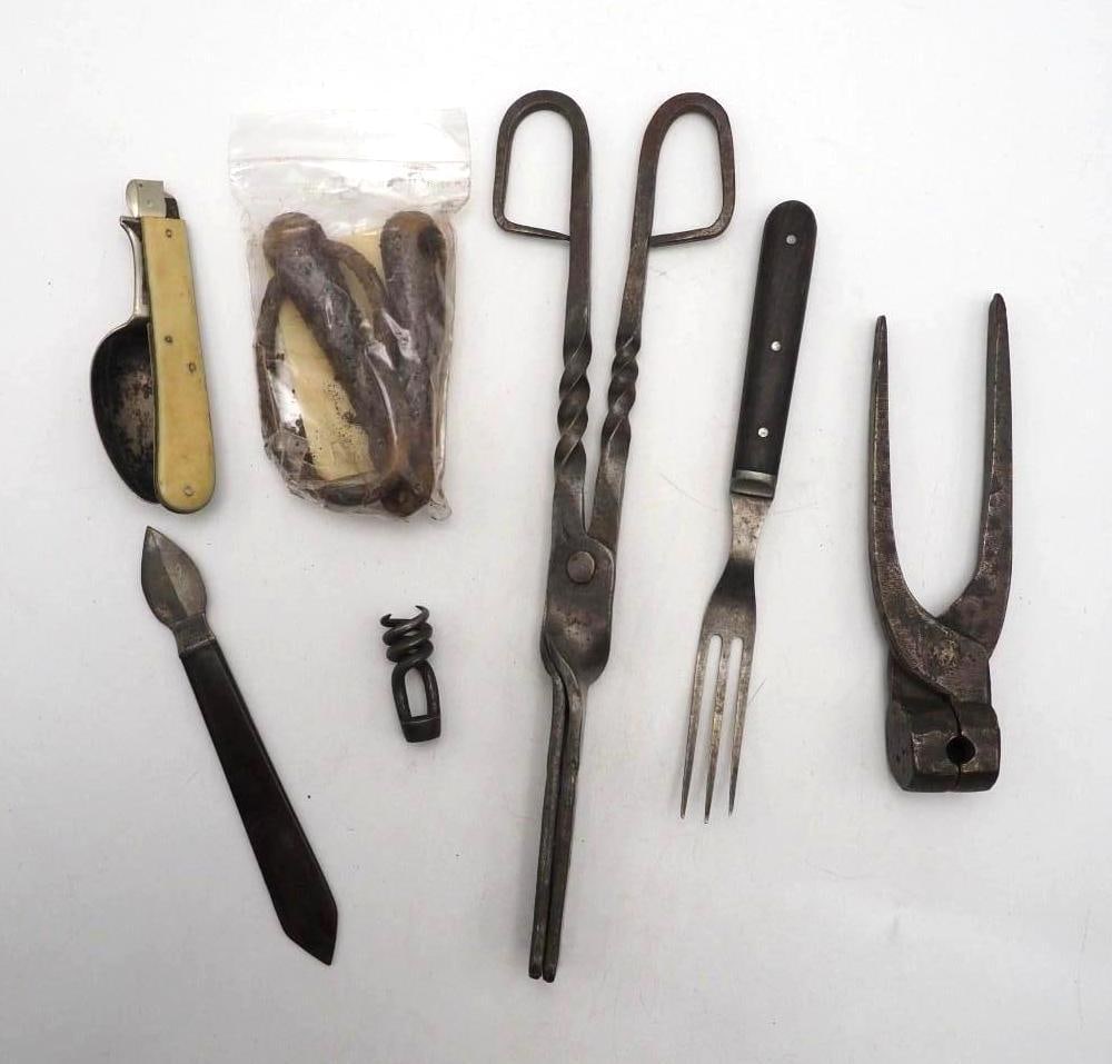 Collection of Civil War Artifacts: incl.: folding spoon, fork, Confederate horse bit (Faganarms), worm, bloodletting fleam, ball mould, wrought iron tongs