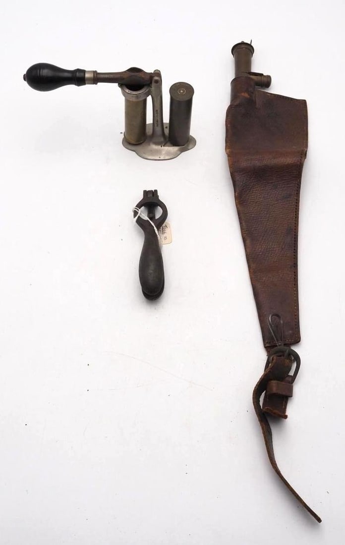 Antique Shotgunning Articles: incl.: H. Bayless 10 ga. reloading press, 10 ga. shell puller, leather shot bag (missing some stitching )