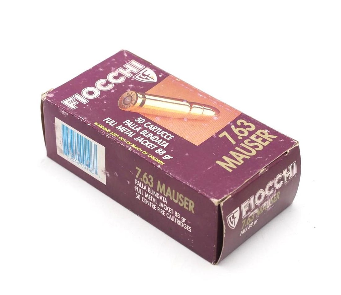 Box of Fiocchi 7.63 Mauser Cartridges: Box of Fiocchi 7.63 Mauser Cartridges