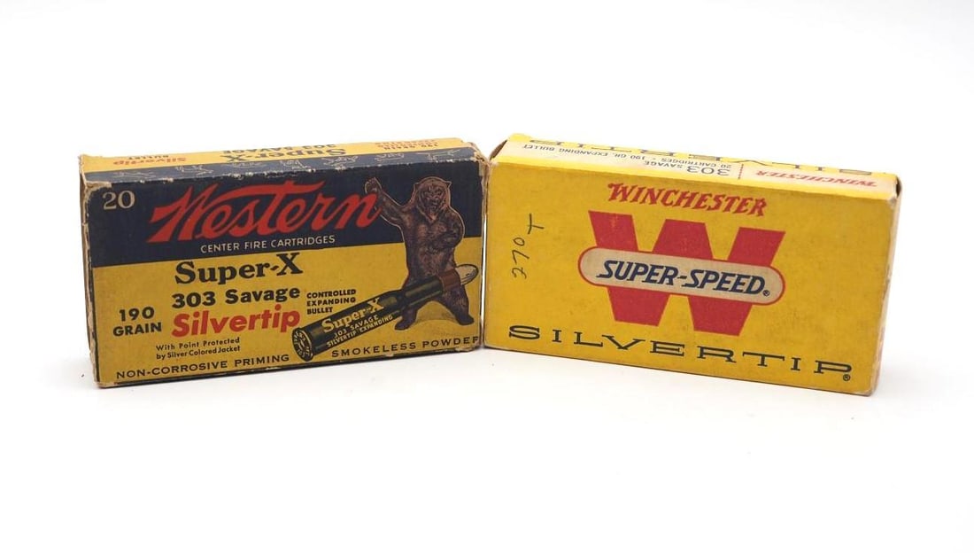 (2) Vintage .303 Savage Cartridge Boxes W/ Contents: (20) Western Silvertip & (10) Winchester Silvertip