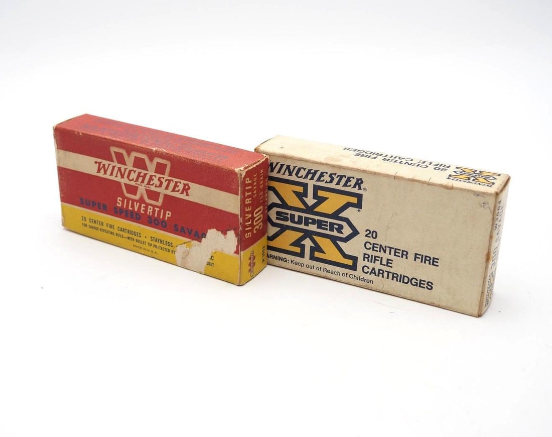 (2) Vintage .300 Savage Cartridge Boxes W/ Contents: (20) Winchester Silvertip & (20) mixed