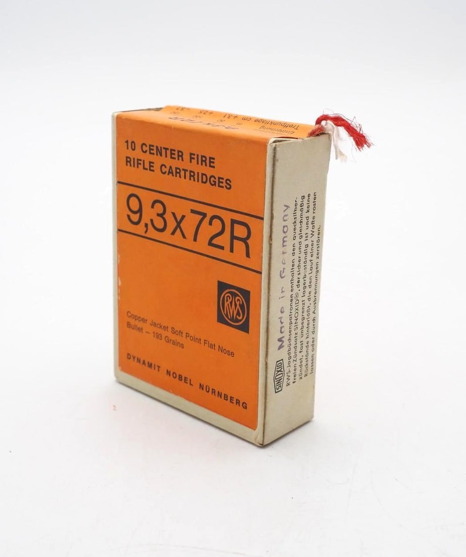 Box of Vintage RWS 9.3x72R Cartridges: unopened, (10) pcs.