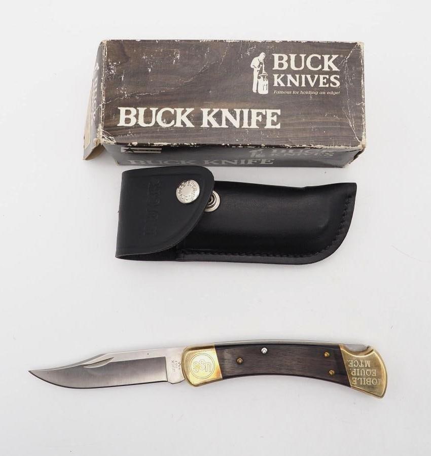 Buck 110 USS Award Folding Knife: with leather sheath and the box, 8.625" overall length