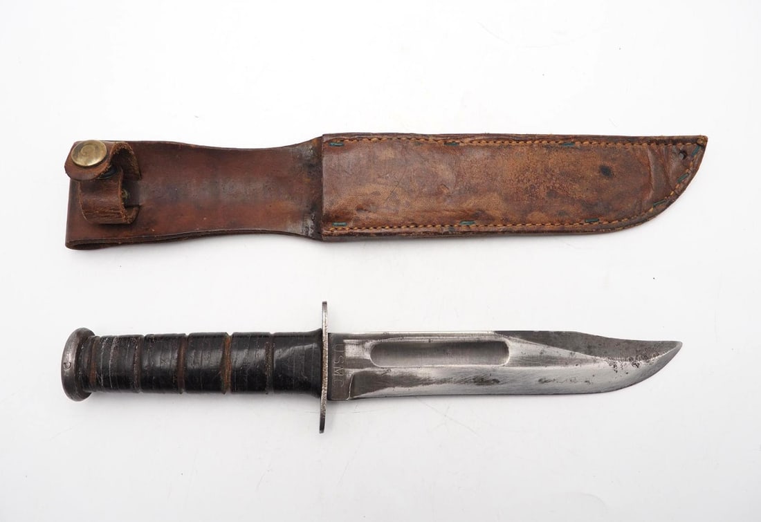 Vintage Ka-Bar U.S.M.C. Fighting Knife: with period leather sheath, 11.5" overall length