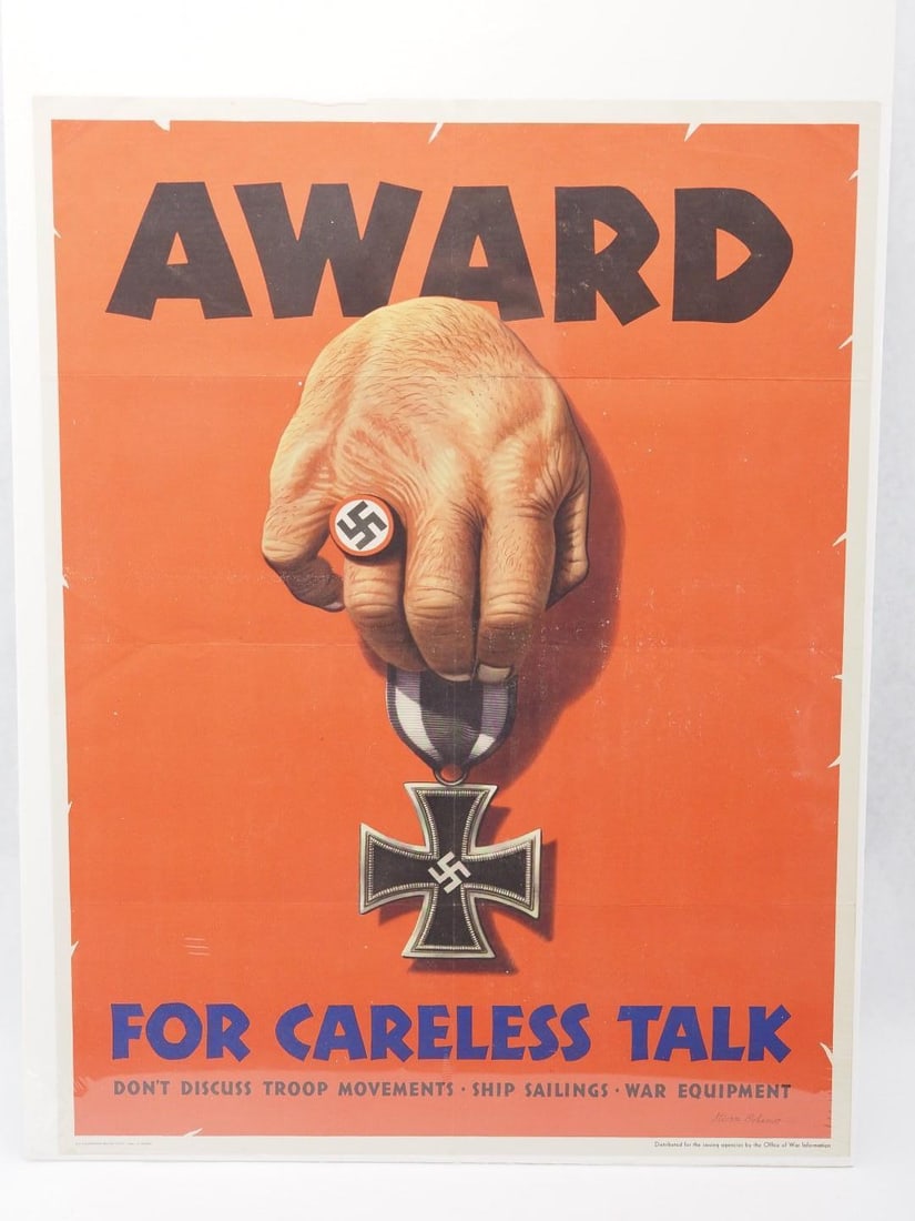 Vintage WWII Poster: "Award / For Careless Talk", 26" x 20"