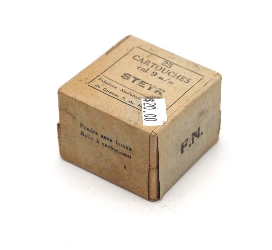 Vintage Box of FN 9mm Steyr Cartridges: Vintage Box of FN 9mm Steyr Cartridges